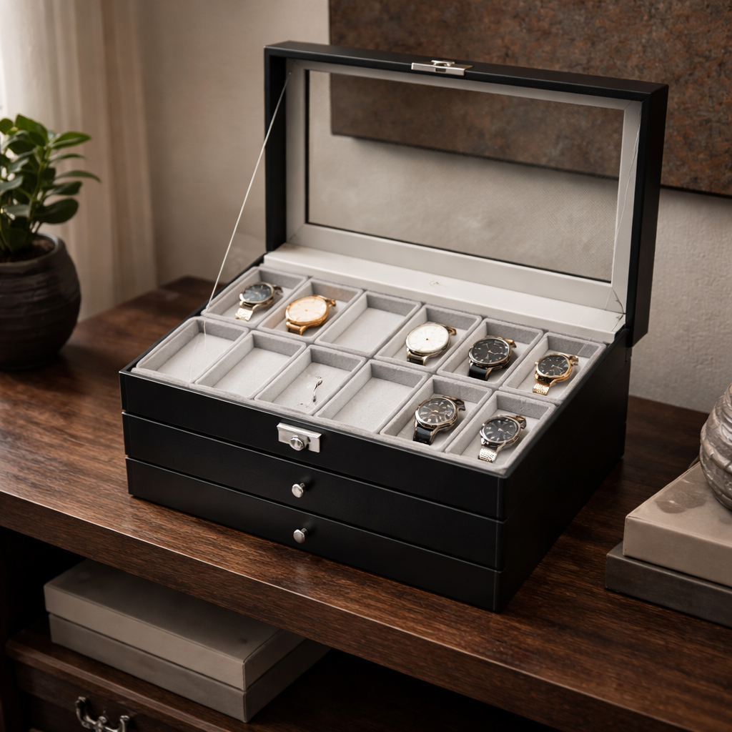 Coffret De Rangement Montres Bijoux Et Lunettes – 3 Niveaux Sécurisés