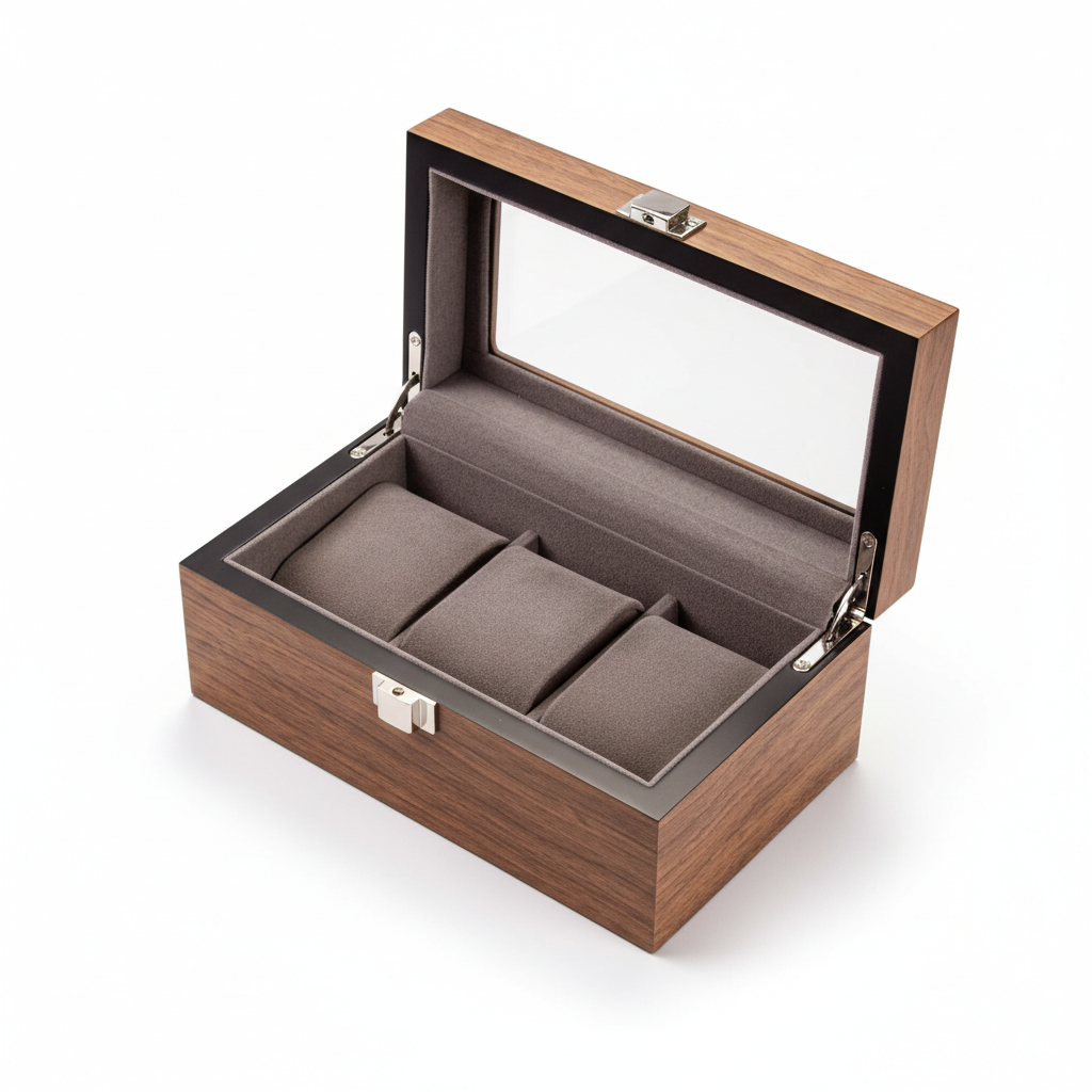 Boite À Montre En Bois Noyer – Moderne Avec Vitrine