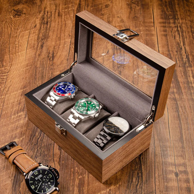 Boite À Montre En Bois Noyer – Moderne Avec Vitrine