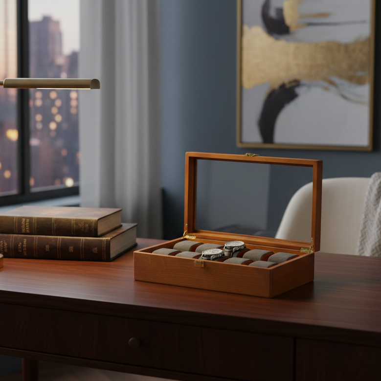 Boite À Montre En Bois Massif – Avec Couvercle Acrylique