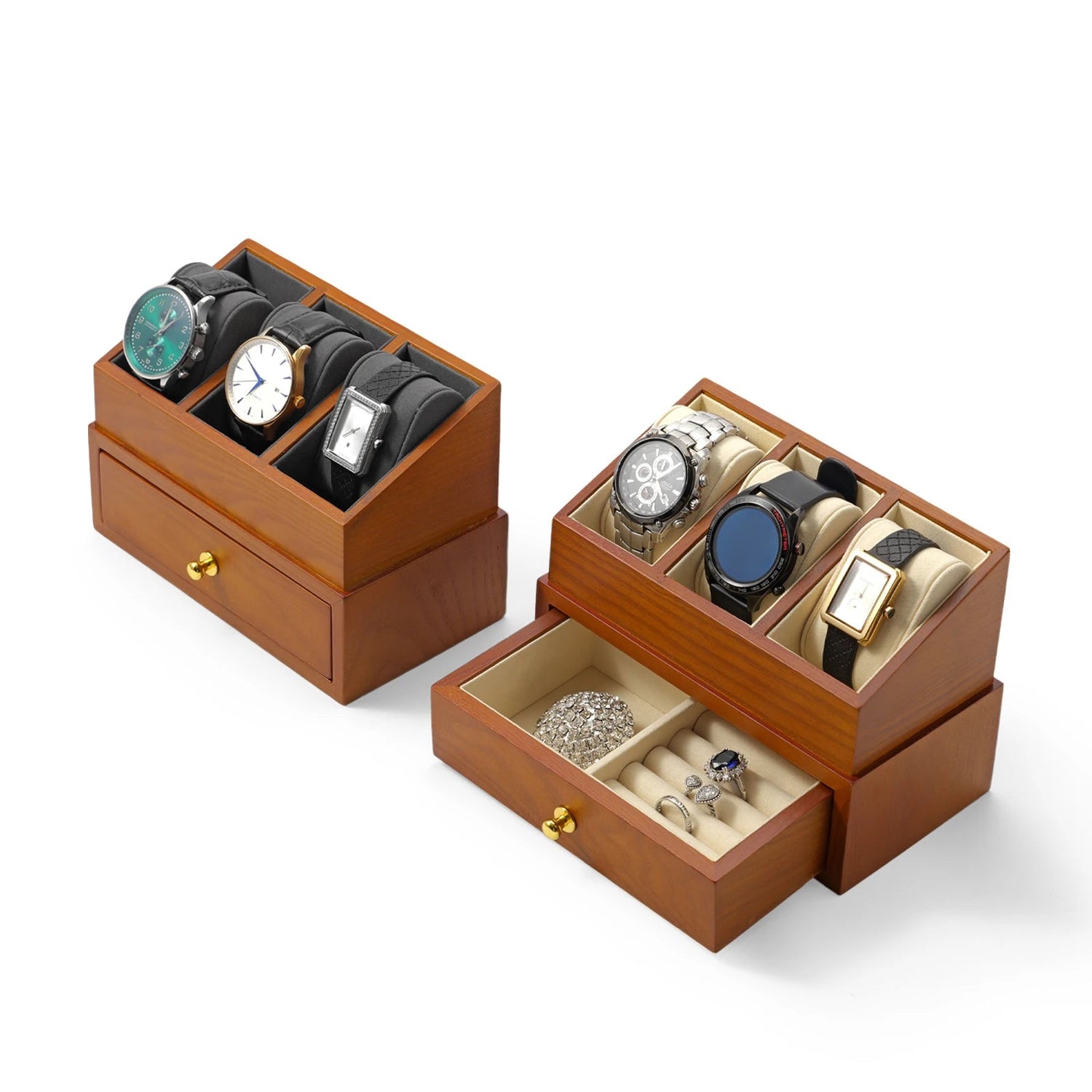 Boîte À Montres En Bois Massif – 3 Montres & Bijoux Avec Tiroir