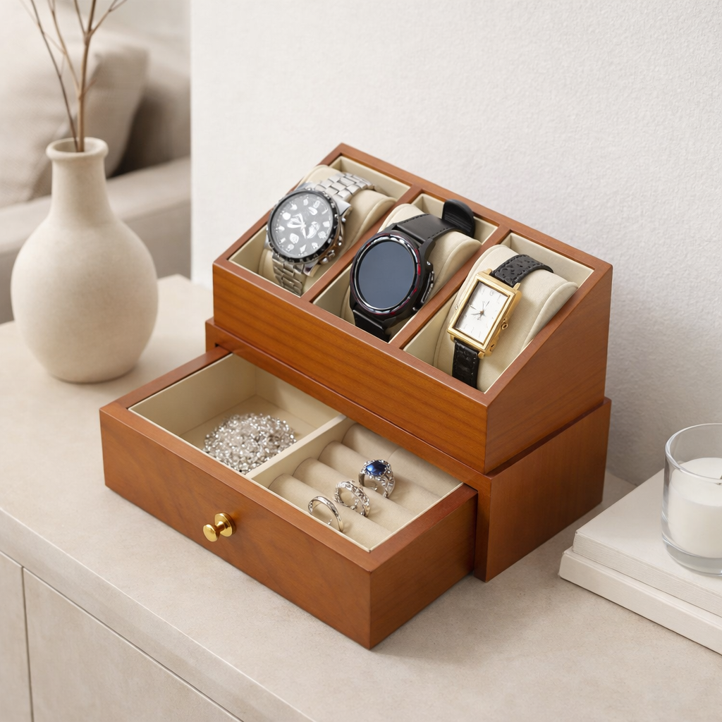 Boîte À Montres En Bois Massif – 3 Montres & Bijoux Avec Tiroir