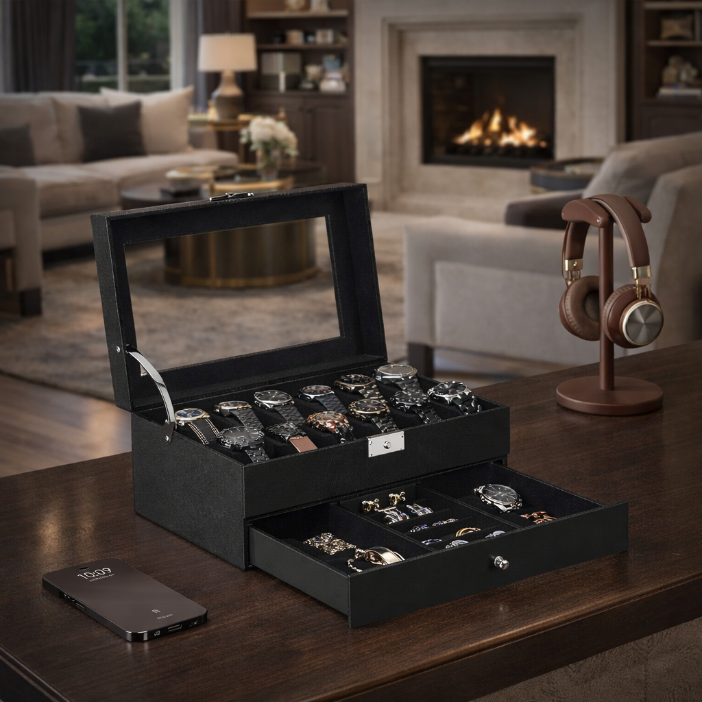 Boîte À Montres En Bois – 12 Emplacements Avec Serrure & Vitrine