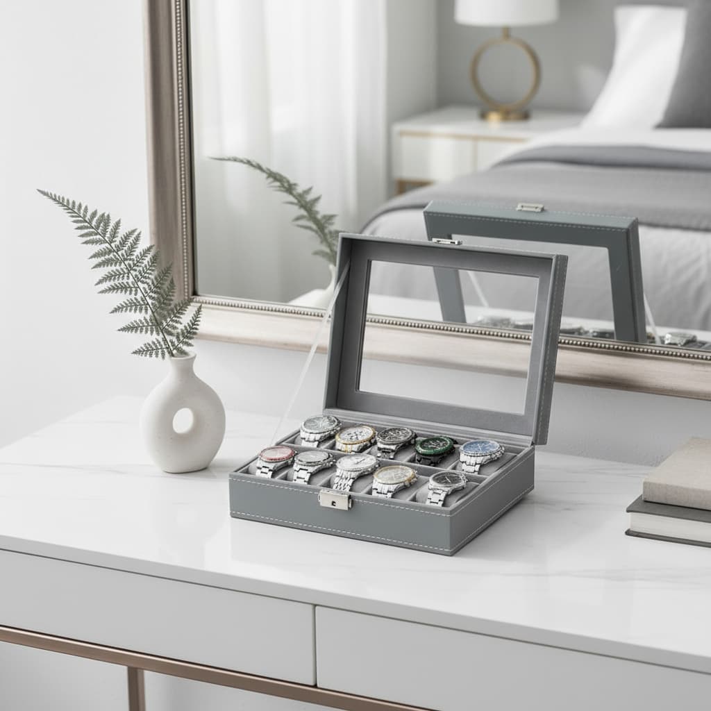 Boite À Montres En Cuir Gris – Coffret 6, 10 Ou 12 Emplacements