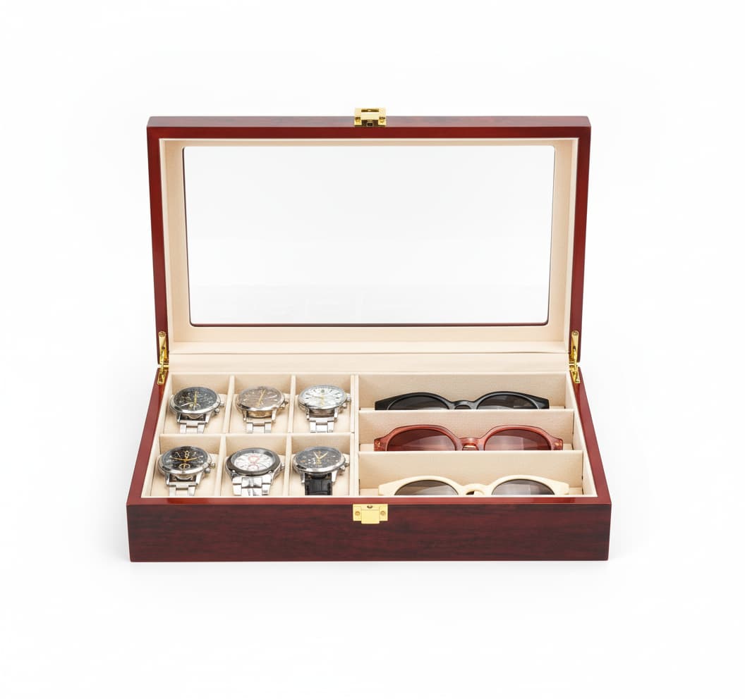 Boite À Montres Et Lunettes En Bois – Coffret 6 Montres Et 3 Lunettes