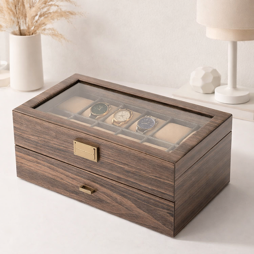 Coffret Bois Double Niveau 24 Montres – Élégance Rustique
