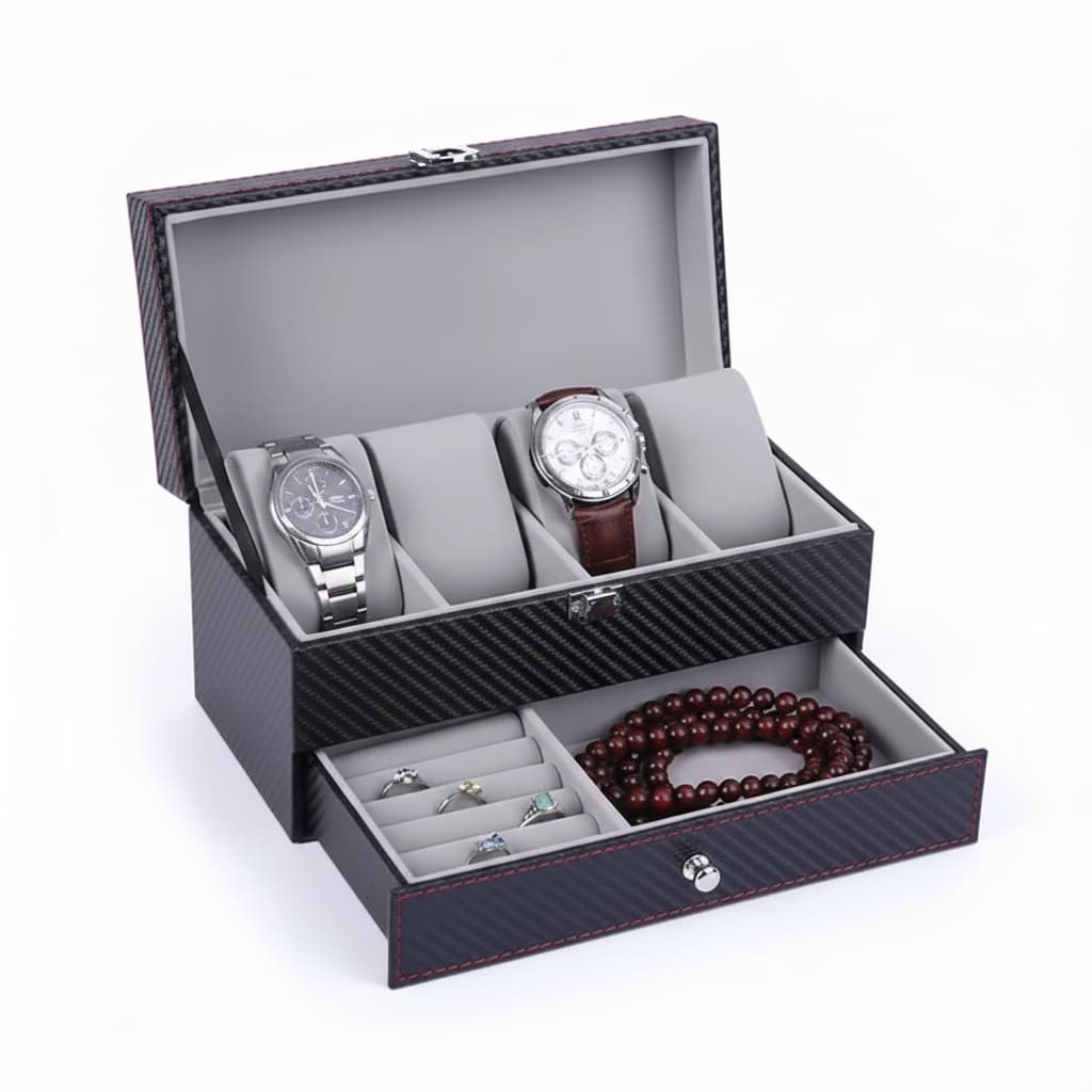 Boite À Montre En Cuir PU – Coffret Double Niveau 4 Emplacements