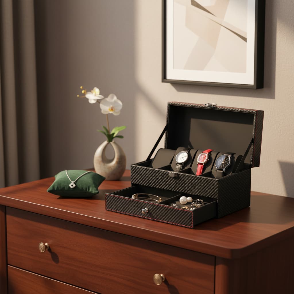 Boite À Montre En Cuir PU – Coffret Double Niveau 4 Emplacements