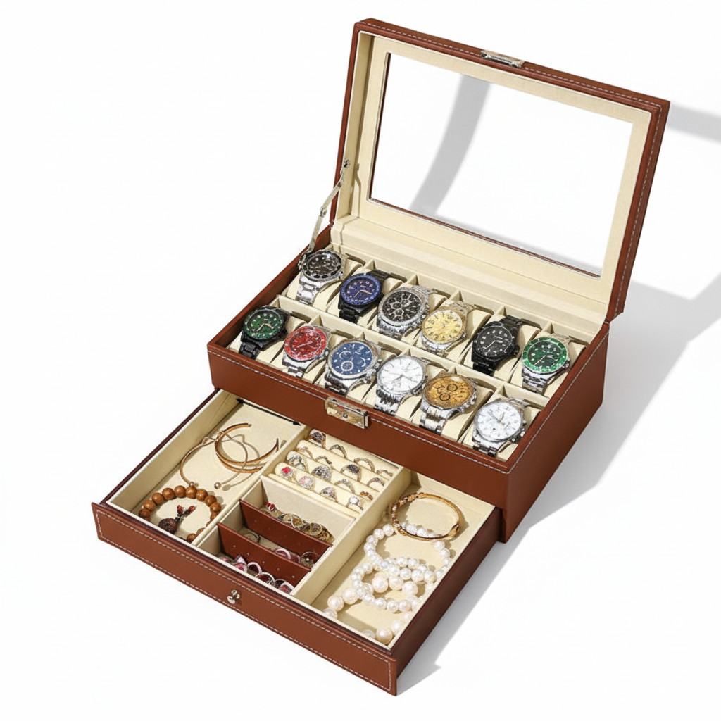 Boite À Montre En Cuir – Coffret Verrouillable À Tiroir 2 Niveaux