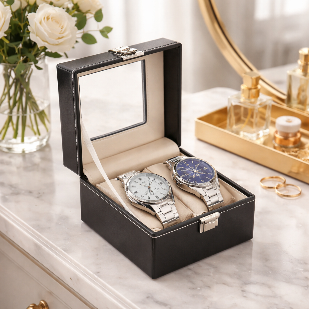 Coffret en Similicuir Multi-Emplacements – Couvercle En Verre