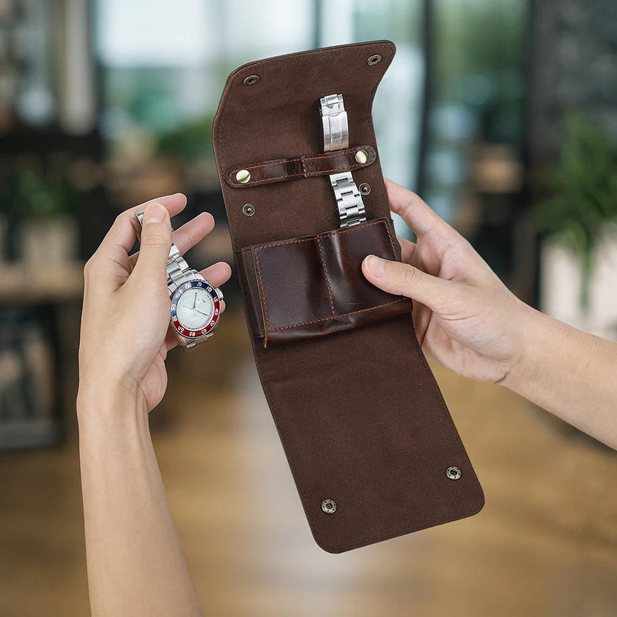 Pochette Montres De Voyage En Cuir Véritable – 2 Emplacements