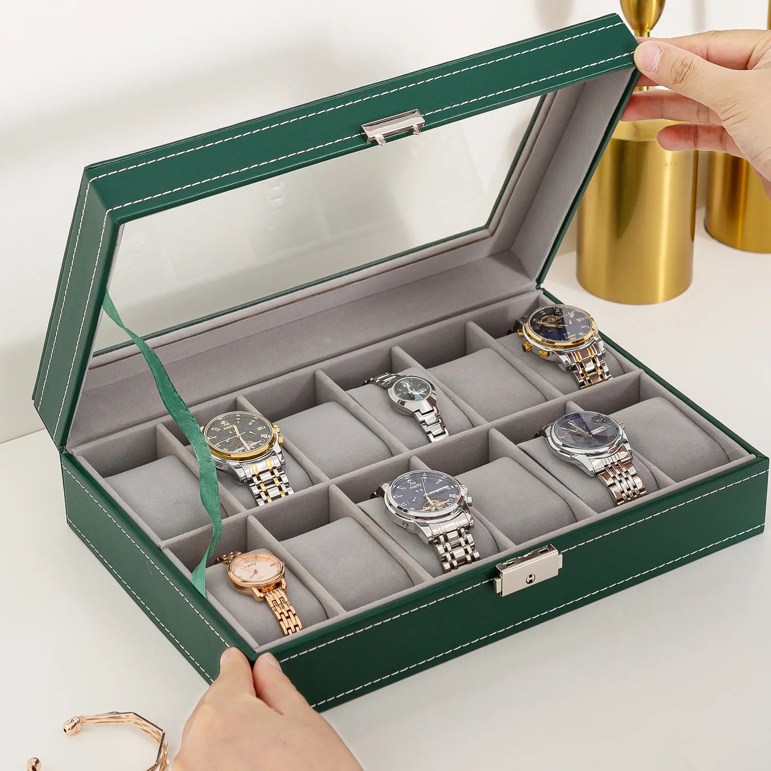 Boite À Montres En Cuir Vert – Coffret Avec Serrure