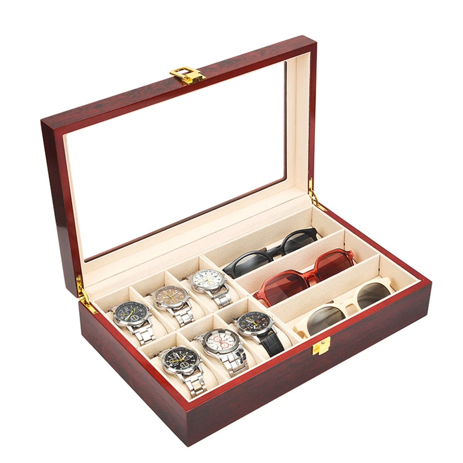Boite À Montres Et Lunettes En Bois – Coffret 6 Montres Et 3 Lunettes