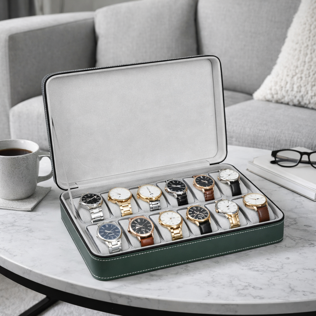 Coffret Zippé En Similicuir – Rangement Luxe Vert Multi-Emplacements